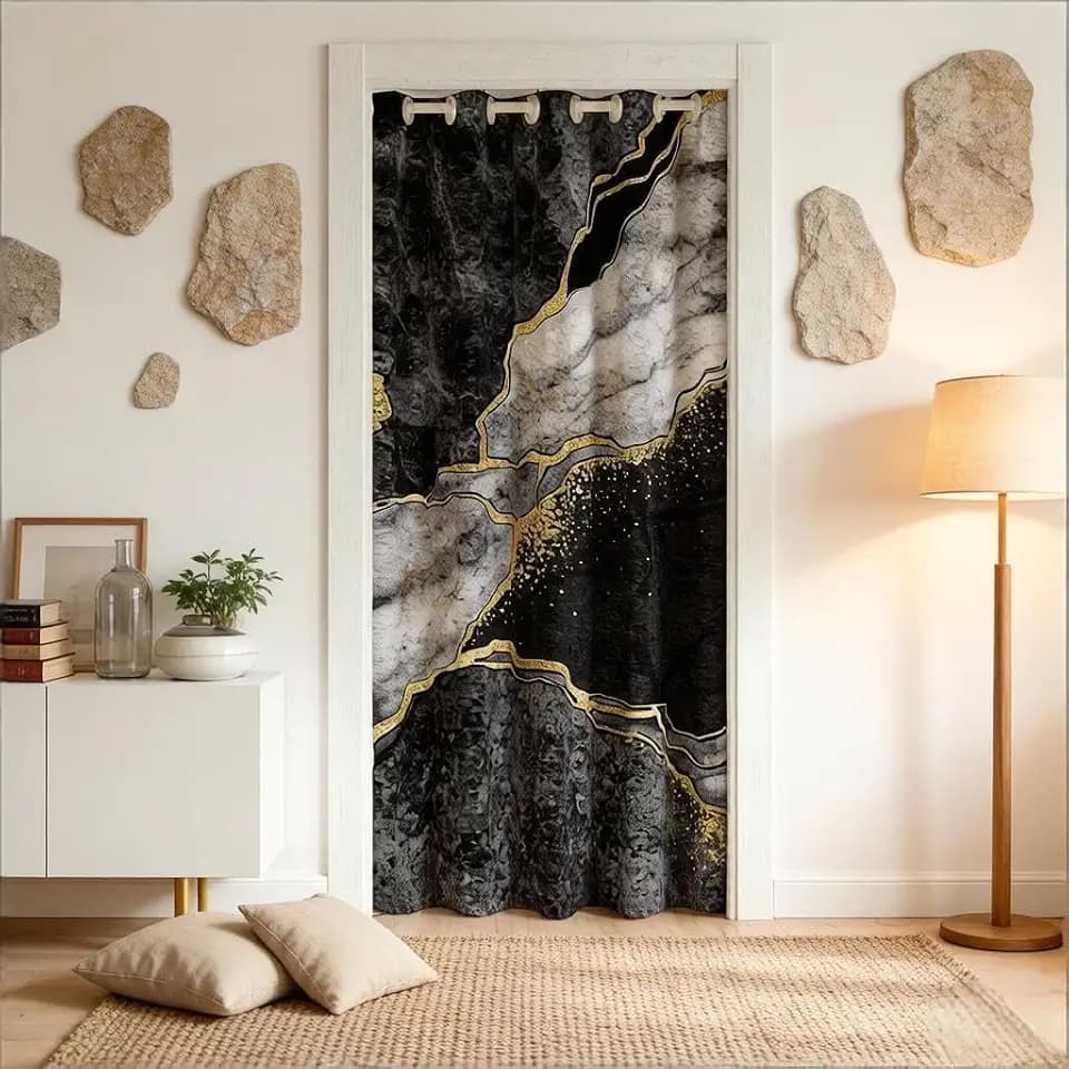 Loussiesd Schwarzer Marmor-Türvorhang, Sichtschutz, Türabdeckung, Vorhang, moderner Marmor, wärmeblockierend, Verdunkelung, Türvorhang, abstrakt, verdunkelnd, 86x203 cm, 1 Panel