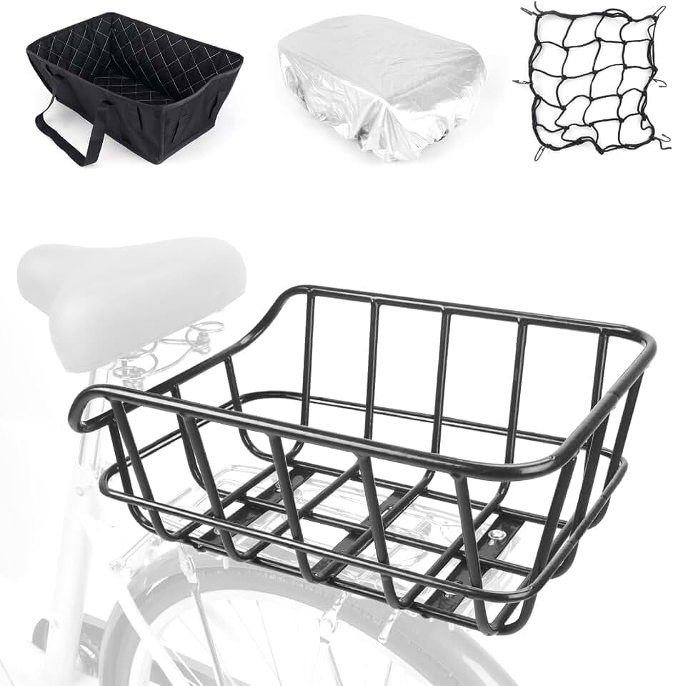 Bike Basket Rear, Bicycle Baskets for Adult Bikes, Ebike Basket with Waterproof Fabric and Inner Lining, Black, Metal