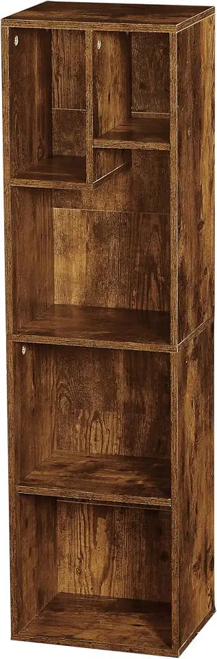 VECELO Kids Staggered 5-Cube Bookshelf, Open Storage Organizer with Multi-Size Compartments for Large Hardcover Books, Toys & Decor, for Bedroom Playroom Classroom, Brown