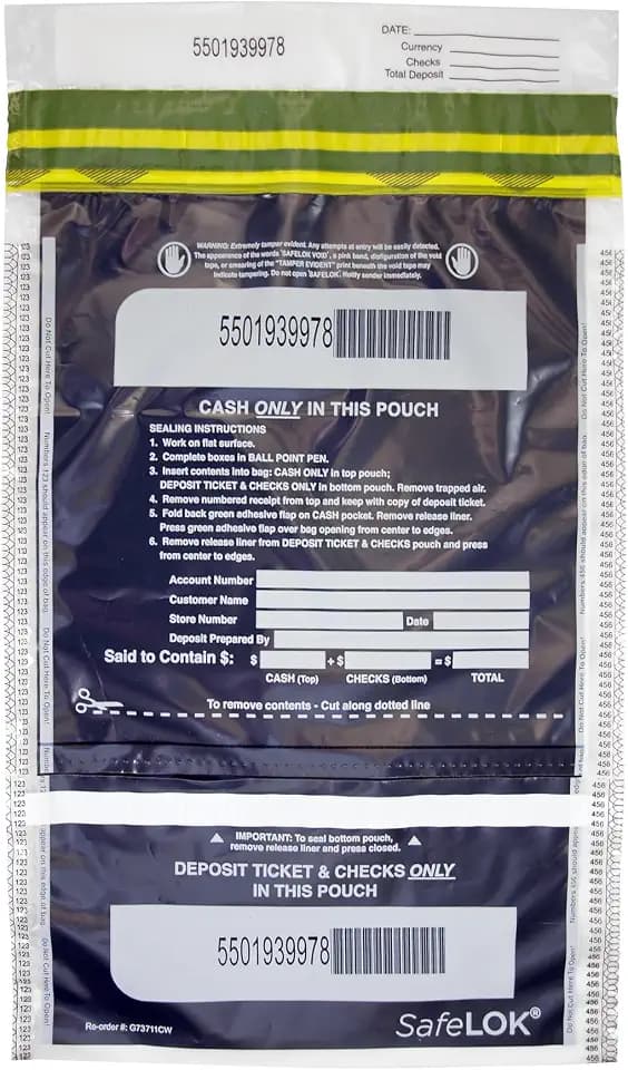 ControlTek SafeLok Vertical Twin Dual Deposit, 14"x20" Clear 50 Bags, Tamper-Evident Deposit Bags, Cash Currency Handling & Valuables, Tear-off Receipt + Large Barcodes 585096
