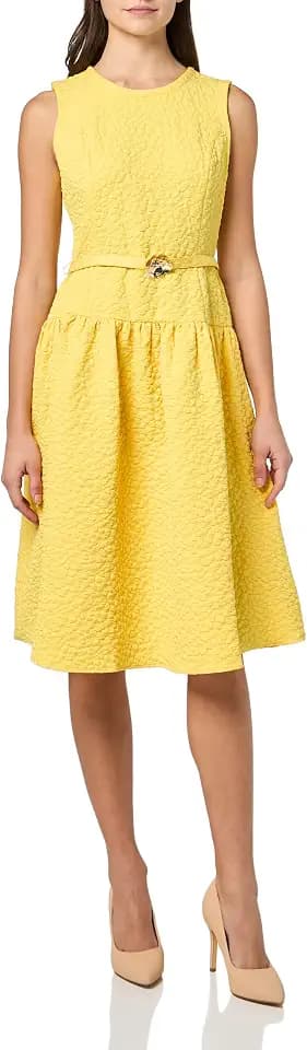 Karl Lagerfeld Women's Sleeveless Crew Neck Flower Belt Floral Stretch Jacquard A-line Dress