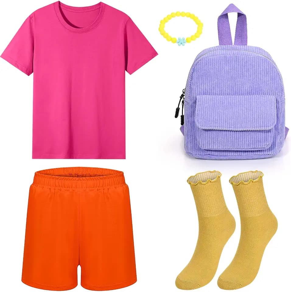 Halloween Traveler Costume Set for Adult Pink T-shirt Orange Pants Yellow Socks Backpack for Adventurer Cosplay Supplies
