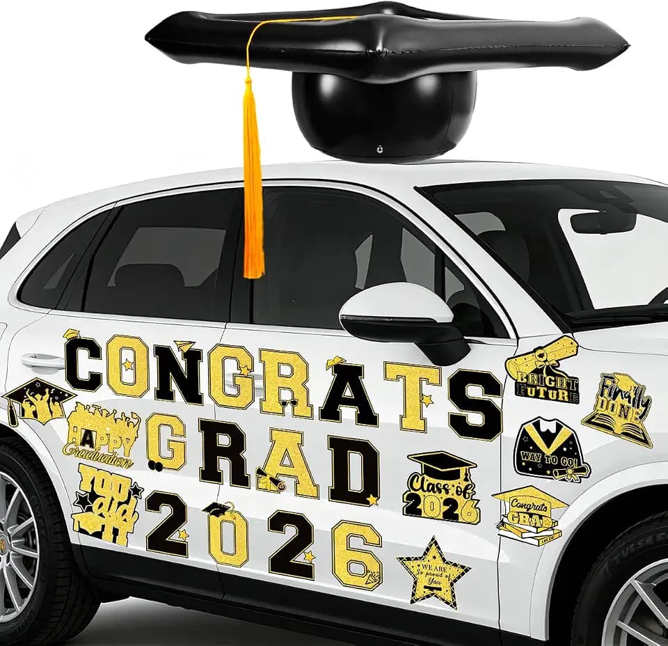 Yigney 23 Inch Large Inflatable Graduation Cap - With 2026 Graduation Car Static Stickers Decoration 25Pcs for Parade Decor Graduation Party Supplies