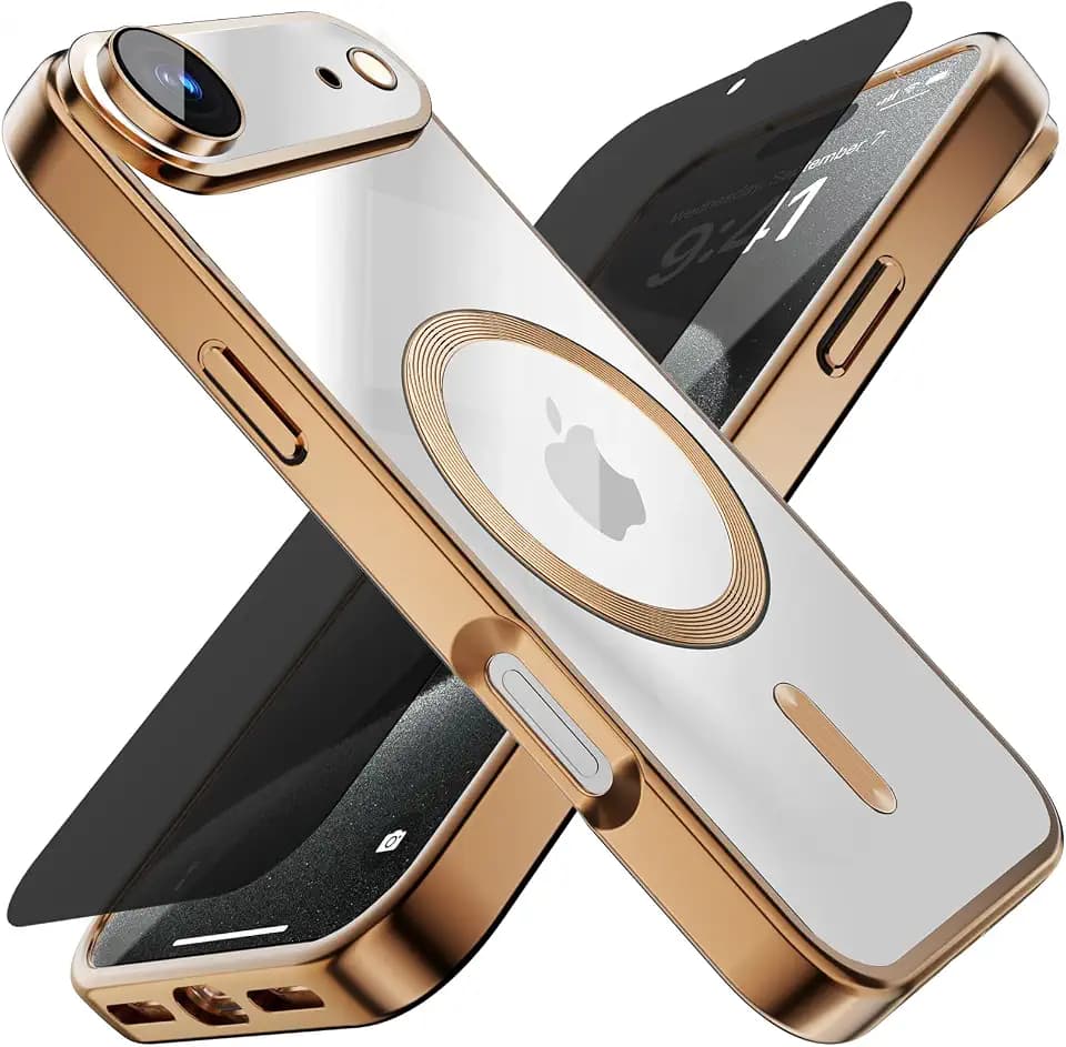 Misscase for iPhone Air Case with Privacy Screen Protector,[Camera Lens Protector] Clear Magnetic Luxury Plating Case Compatible with MagSafe Elegant Anti-Scratch Case for iPhone 17 Air Gold