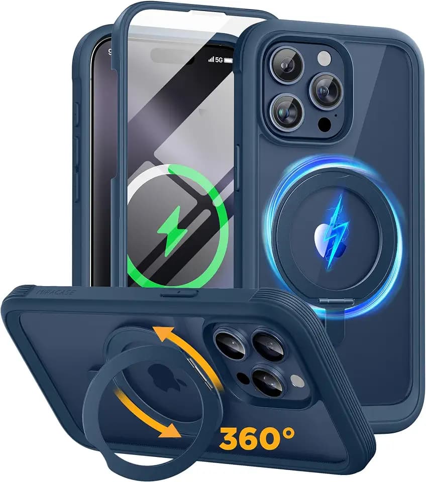 miracase for iPhone 15 Pro Max Case with 360° Magnetic Ring Stand [Compatible with Magsafe] Full-Body Drop Proof Bumper Phone Case with Built-in 9H Tempered Glass Screen Protector,Blue