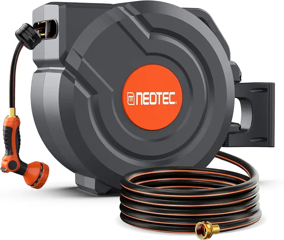 130FT Retractable Garden Hose Reel 1/2 Inch with Metal Bracket & 9-Pattern Nozzle, Automatic Slow Return & Any Length Lock, Wall Mounted Heavy Duty Hose Reels for Outside, 180° Swivel UV Resistant