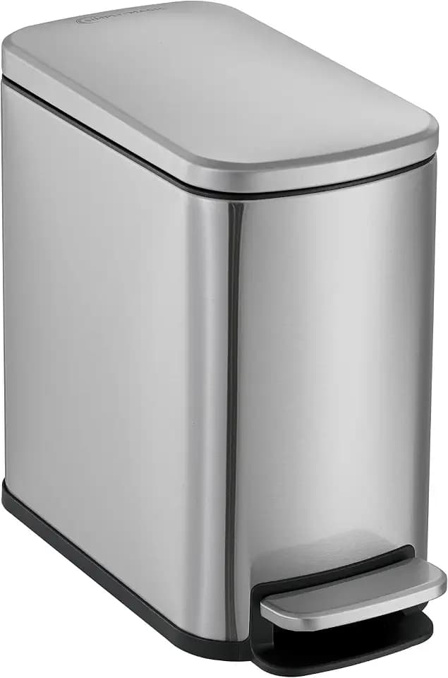 SIMPLI-Magic 6L/1.6G Stainless Steel Bathroom Trash Can with Hands-Free Foot Pedal, Quiet Soft-Close Lid, Compact Space-Saving Size