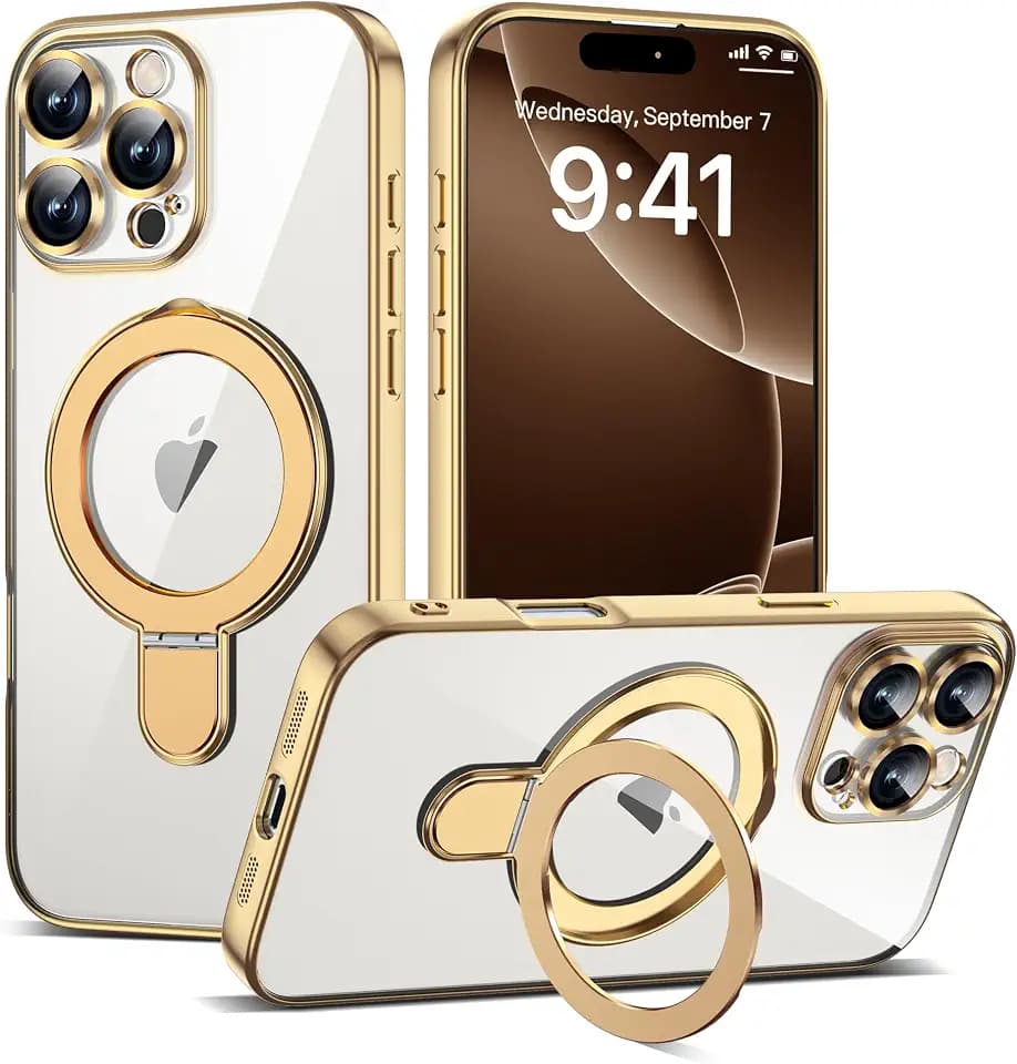 Plating Clear Case for iPhone 16 Pro Max with Stand 6.9", Gold