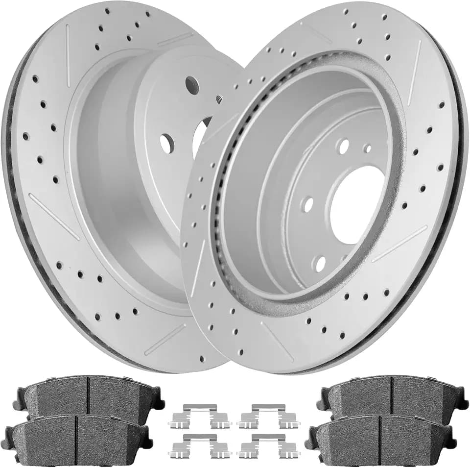 Ceramic Brake Pads and Rotors Kit Rear Drilled Slotted Vented Rotors & Brakes for Chevry (Suburban 1500/ Tahoe) 2007-2014/ Avalanche 2007-2013/ Silverado 1500 2008 2009 2010 2011 2012 2013 4-Wheel