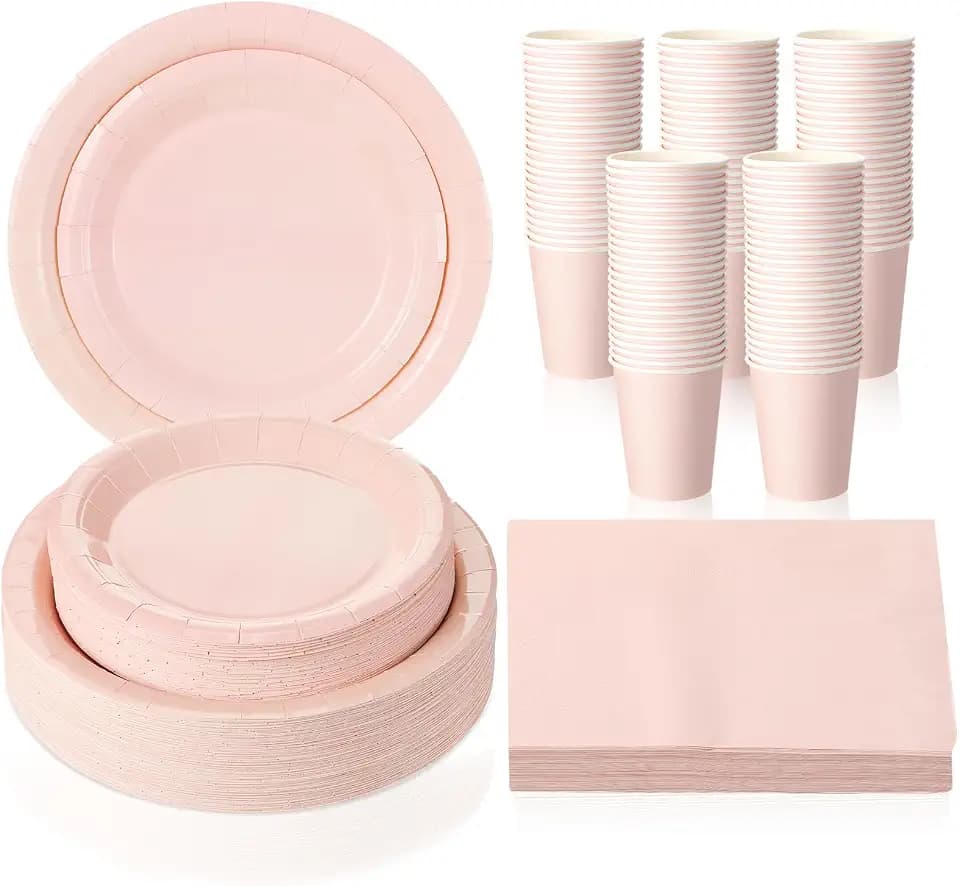 Tioncy 200 Pcs Pastel Pink Disposable Paper Plates Cups Napkins
