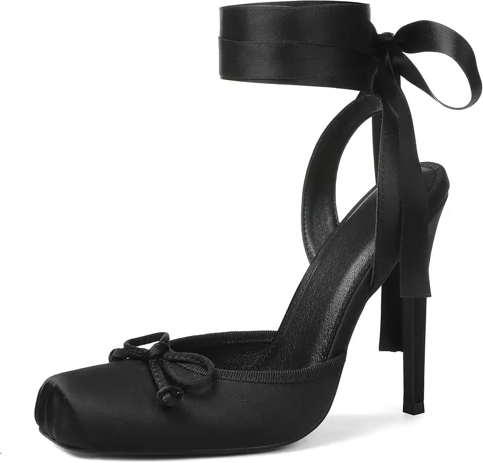 Celbreez Womens Ballet Heels Satin Strappy Bow Lace Up Closed Toe Heels