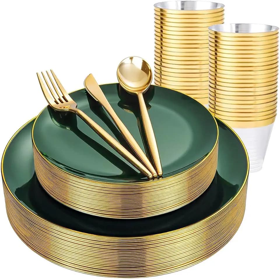 bUCLA 150PCS Green Plastic Plates - Green and Gold Disposable Include 25 Each (Dinner & Dessert) Plates, 25 Knives, 25 Forks, 25 Spoons and 25 Cups, Ideal for Party&Christmas