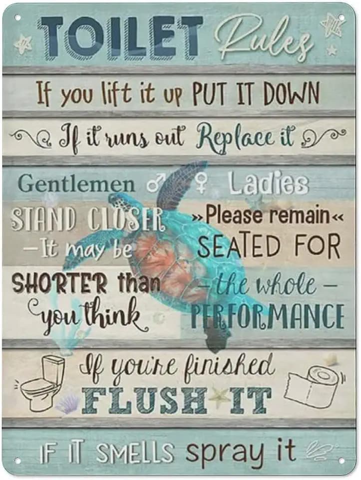 Rustic Metal Tin Sign Toilet Rules Sign for Bathroom Vintage Bathroom Decor Sea Turtle Wall Art Ocean Beach Theme Artwork Funny Toilet Rules Prints Signs Bath Room 12x16inch