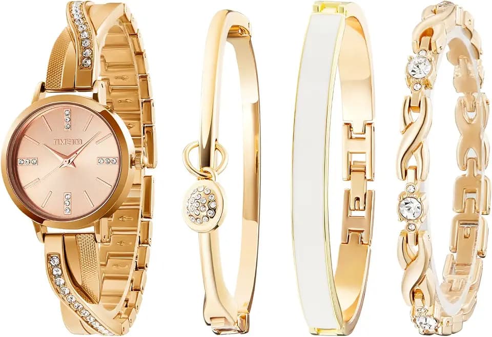 TIME100 Quartz Damenuhr Set Gold/Silber Elegant Kette und Reif Dress Watch Verstärkt Kristallglas Minimalistisch Ziffer Ideal Accessoir