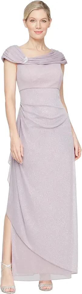 Alex Evenings Women's Long L-Neck Glitter Mesh Mother of the Bride Dress with Ruched Neckline