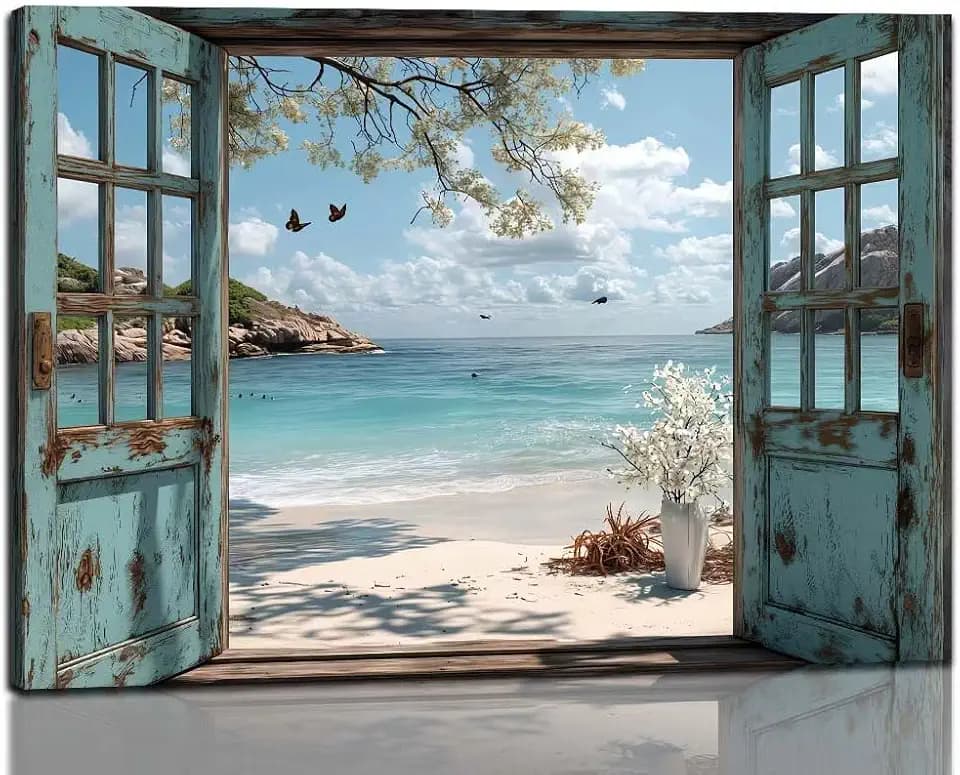 Framed Open Window Beach Canvas Wall Art Coastal Wall Decor Picture White Flowers and Butterflies Painting Artwork Fake Window Wall Art Horizontal Nature Landscape Seaside Summer Print for Home Decoration (B, 16x24inch(40x60cm), Framed)