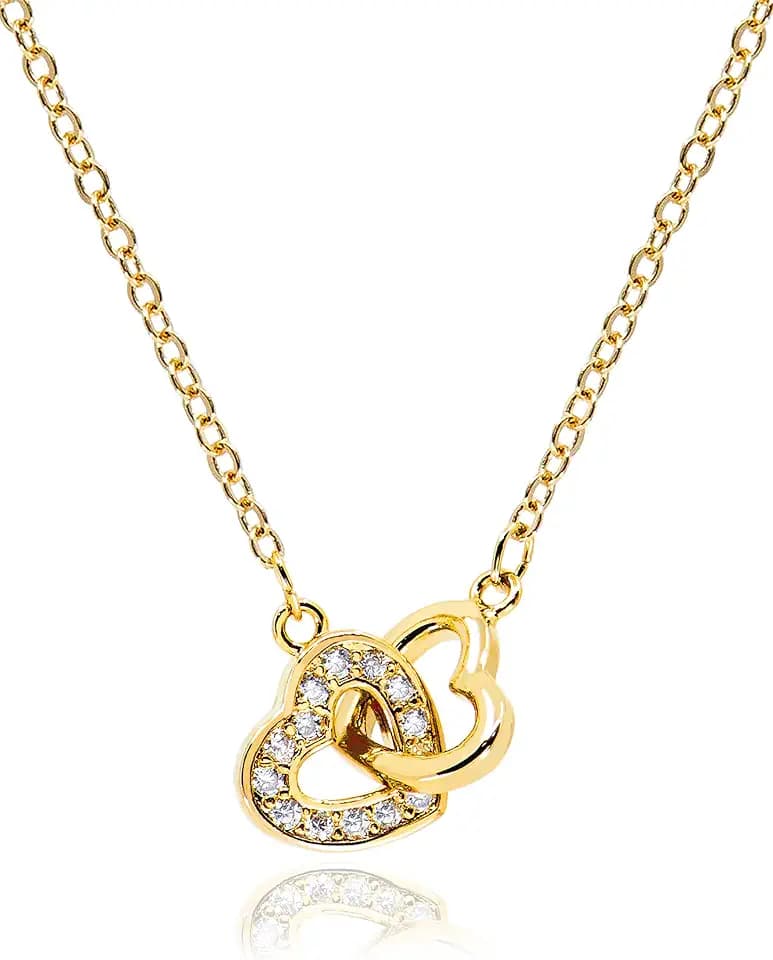 Dainty Double Heart Necklace for Women Gilrs • 14K Gold Plated Mom and Daughter Necklaces • Linked Two Heart Pendant Non Tarnish Choker Jewelry [HN-DB]