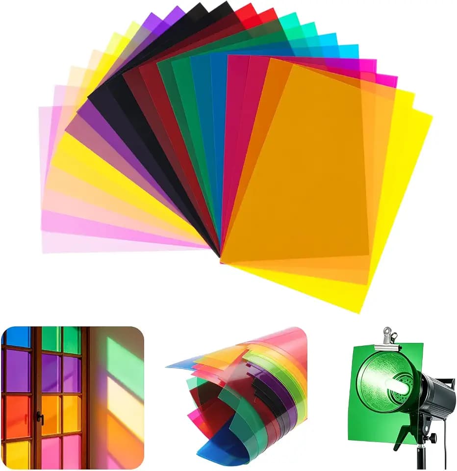 20pcs Color Correction Light Gel Filters, 11.7 x 8.3 Inches Transparent Color Film Sheets for LED Light, Photography Lighting, Flash, Studio Equipment – 10 Colors for Mood Lighting, Photo, Video