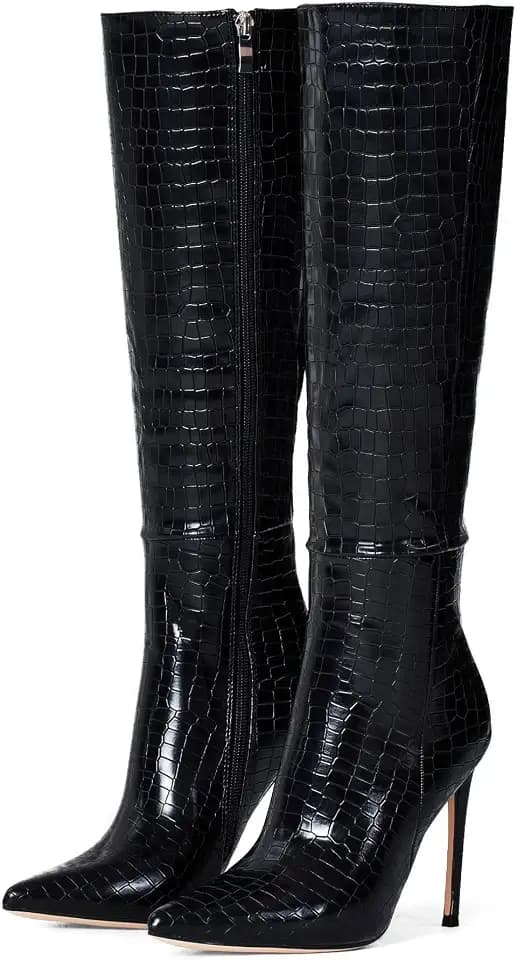 Elisabet Tang 4 inch Women's Knee High Long Boots, Stiletto Tall Pointed Toe Heeled Boot Leather Suede Comfortable Sexy