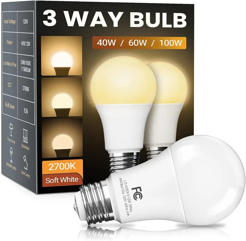 TJOY 3 Way Light Bulbs 40 60 100W Equivalent Soft Warm White 2700K, 2 Pack