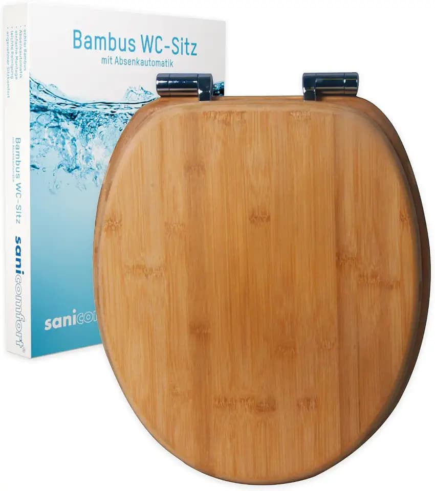 sanicomfort Bambus WC-Sitz mit Absenkautomatik, oval 43,2 × 37,2 cm, Toilettendeckel aus massivem Bambus, bis 150 kg belastbar, Edelstahl-Scharniere, Montageset – Dunkel