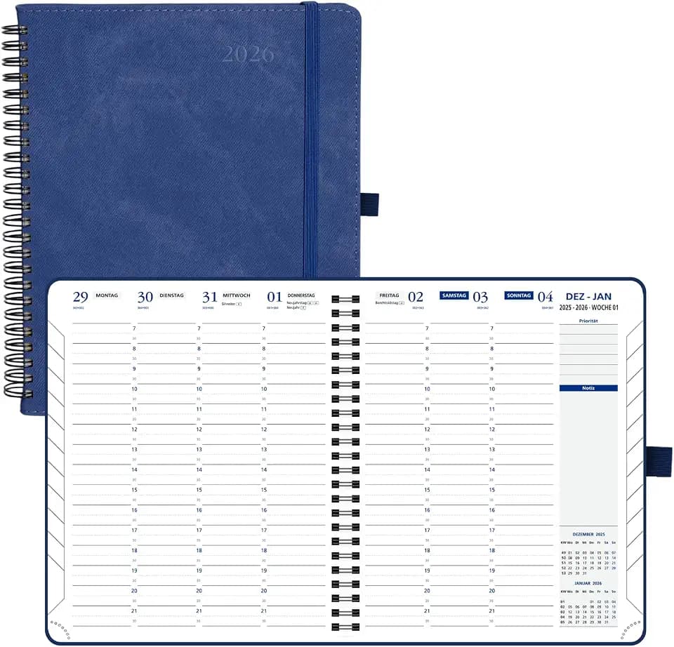 POPRUN Terminplaner 2026 A5+ Ringbuch auf Deutsch - Wochenplaner mit 30-Minuten-Taktung & Monatsregister. Kalender 2026 Buchkalender mit PU-Leder Softcover - Dunkelblau