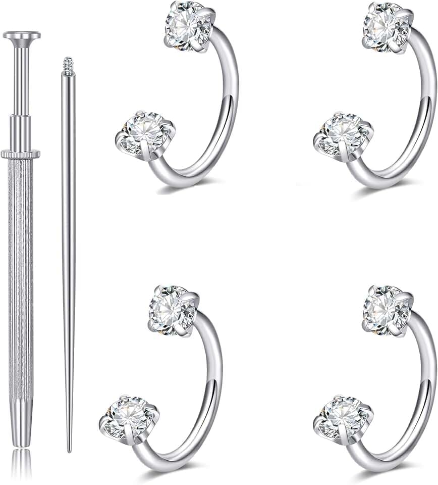 Longita 20g 18g Horseshoe Nose Ring for Women Double Gem Horse Shoe Nose Ring Hoop Surgical Steel Silver Gold Cartilage Helix Tragus Earring Hoops Labret Lip Piercing Jewelry Small Septum Rings 16g
