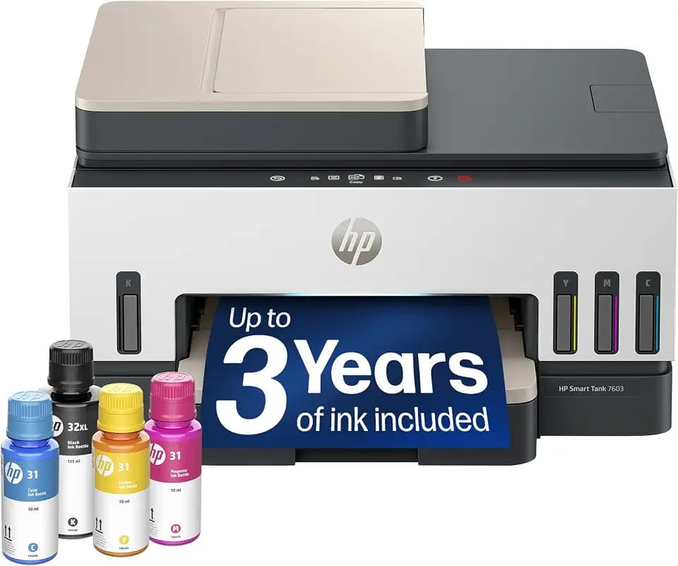 HP Smart Tank 7603 Wireless All-in-One Ink Tank Printer, Scanner, Fax, Copier with up to 3 Years of Ink Included, Best-for-Home Office, Cartridge-Free Refillable, AI-Capable (9B5D1A)