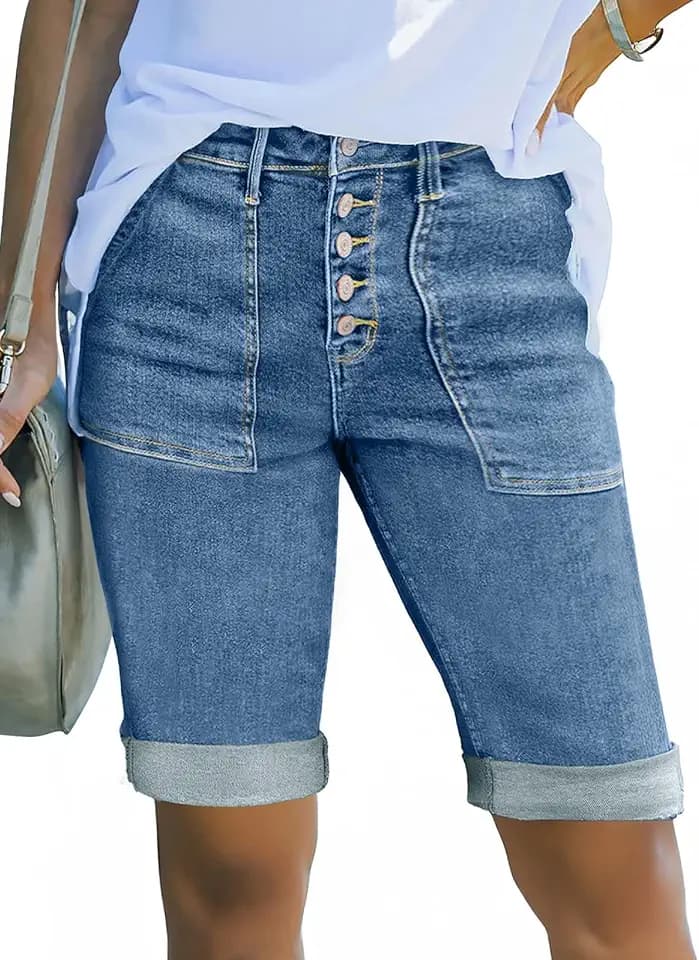 Sidefeel Womens Jean Shorts High Waisted Stretchy Button Fly Folded Hem Trendy Casual Summer Bermuda Shorts