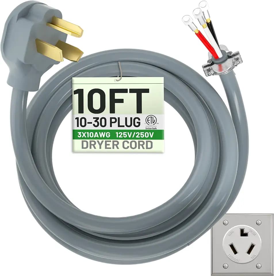 POWGRN 10FT 3 Prong Dryer Cord, Pure Copper Wire, ETL Listed, STW