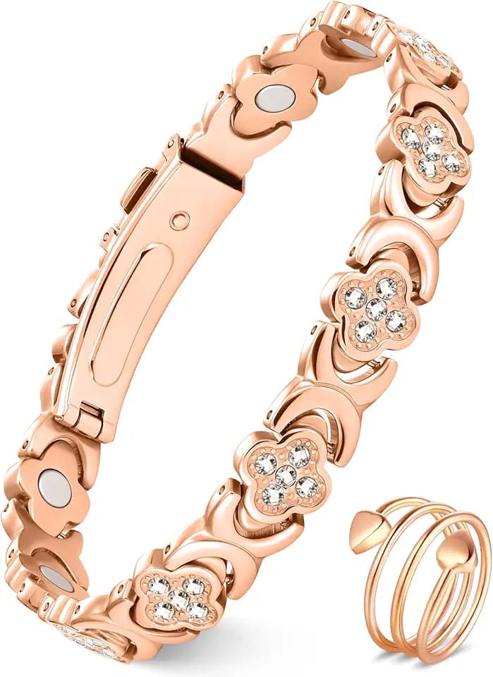 Feraco Pure Copper Bracelets & Rings for Women, Ultra Strength Magnetic Bracelet for Women with Neodymium Magnets & Sparkling Cubic Zirconia, Adjustable, Infinite Clover Jewelry