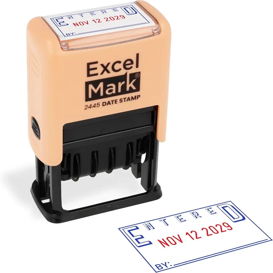 ExcelMark 2445 Date Stamp with Text - Blue and Red Ink (Peach Mount, Entered)