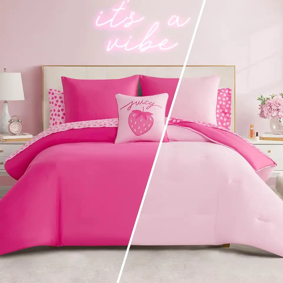 Juicy Couture Summer Strawberries Reversible Comforter Bed in a Bag, Hot Pink/Light Pink, Twin