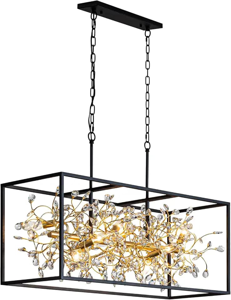 Vezzio Modern Black and Gold Rectangle Crystal Chandeliers for Dining Room
