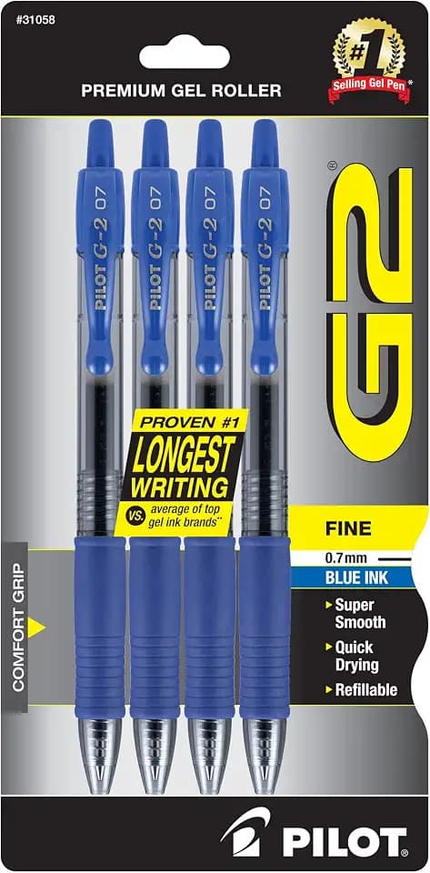 PILOT G2 Premium Gel Pens, Fine Point 0.7mm, Blue Ink, 4-Pack