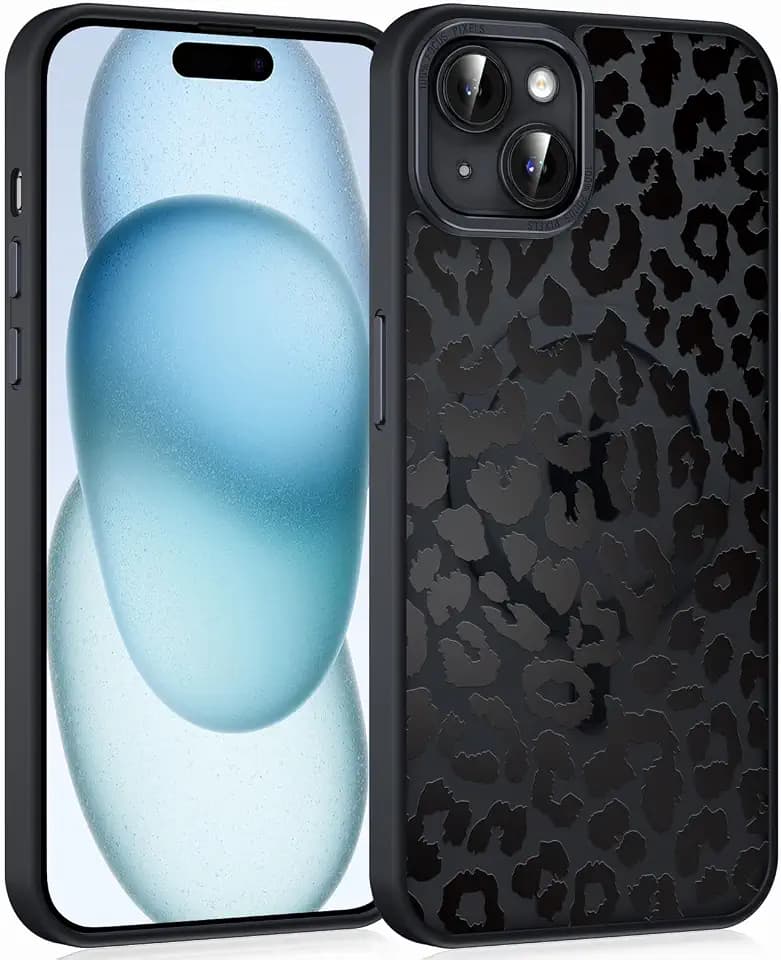 Cute Cheetah Print Phone Case for iPhone 15 6.1" Compatible with MagSafe, Aesthetic Black Leopard Pattern Design Magnetic Cover Soft TPU Hard PC Back Shockproof Funda for Women Girls
