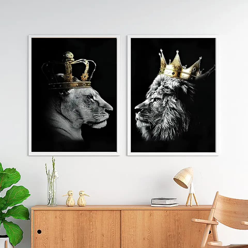 UGZDEA Löwe Leinwand Bilder, Schwarz Weiß Löwe und Löwin Poster Tierbilder Modernes Wohnzimmer Schlafzimmer Home Decor - Ohne Rahmen(B,2x60x90cm)