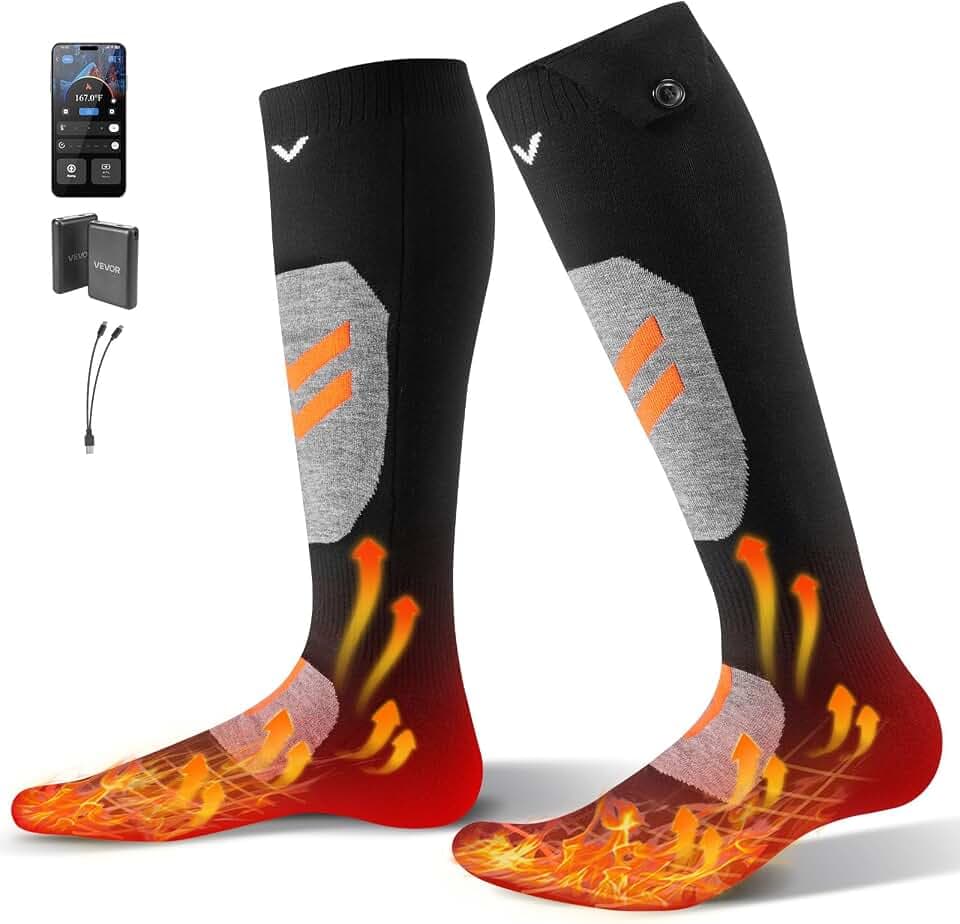 VEVOR Beheizte Socken, 5000 mAh Akku, wiederaufladbare Heizsocken mit 4 Heizstufen, elektrisch beheizte Socke mit App-Steuerung für Männer und Frauen, Fußwärmer für Jagd, Reiten, Camping, Wandern