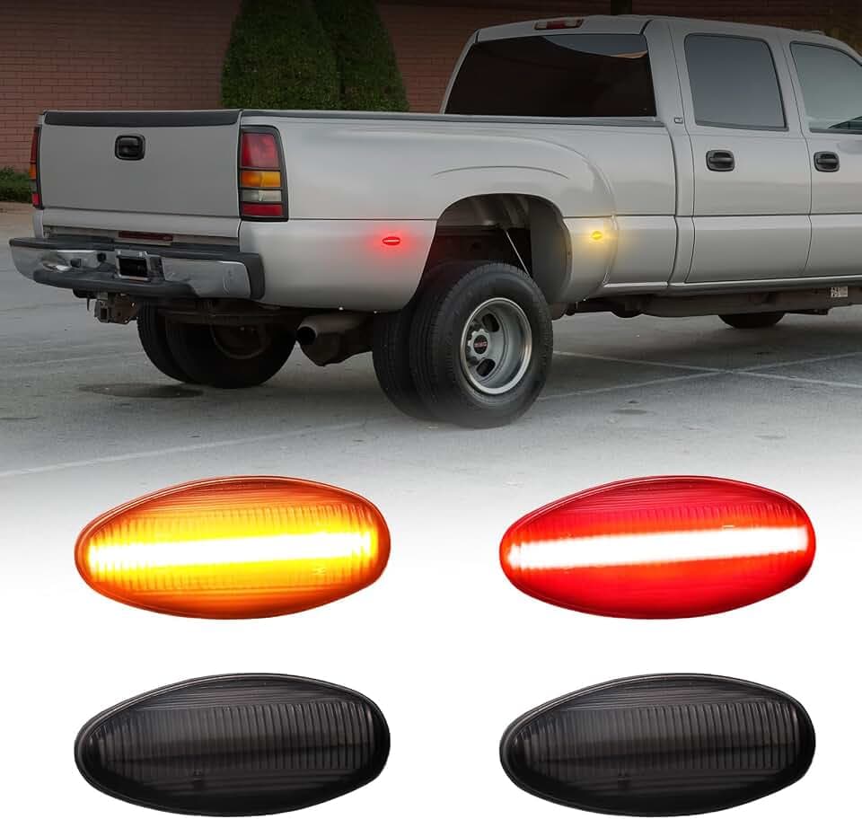 AUTOONE Dually Fender LED Side Marker Lights for 2001-2014 Chevy Silverado 2500HD 3500HD, 1999-2014 GMC Sierra 2500HD 3500HD, Amber & Red Dual Rear Wheel Bed Marker Lamps, Smoked Len, Pack of 4