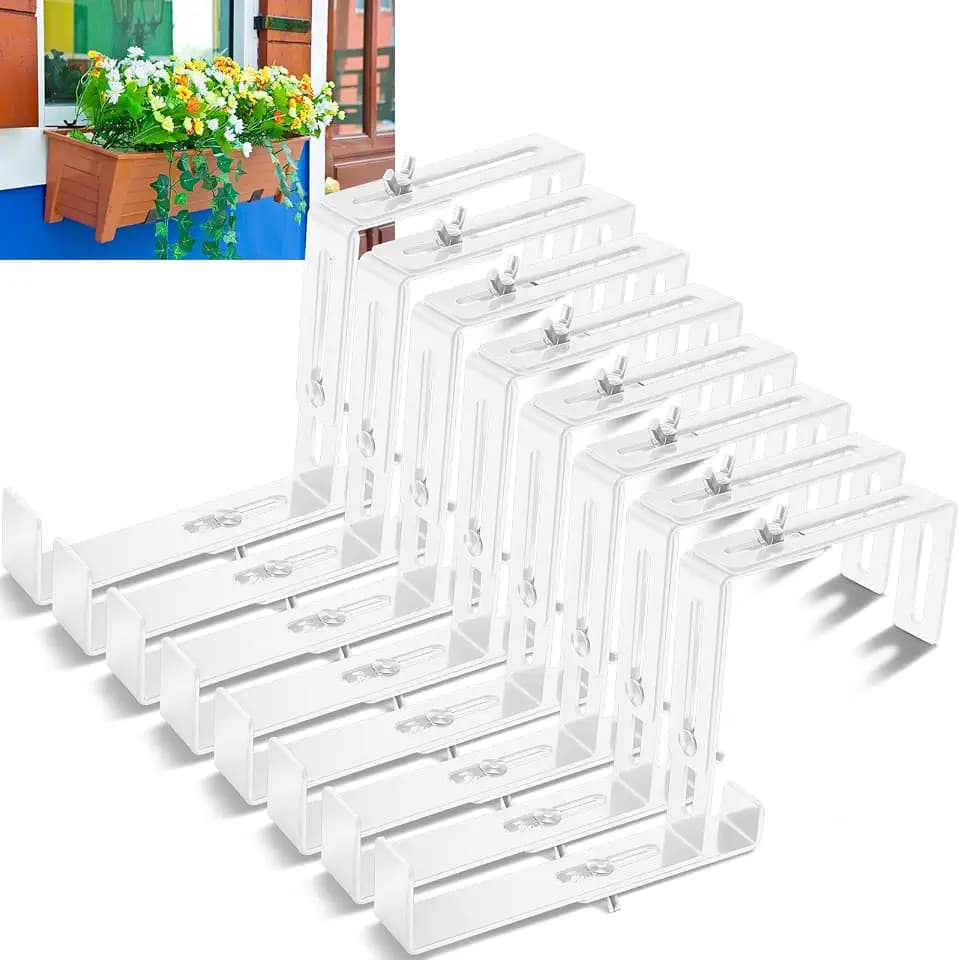 Leinuosen 8 Pcs Adjustable Window Boxes Brackets Planter Box Bracket Heavy Duty Deck Railing Hanging Flower Stand for Windowsill Garden Fence Balcony (White)