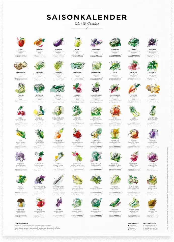 Saisonkalender für Obst & Gemüse als Poster, Küchen Deko, wall decor, Mehrjährig, mit Illustrationen der beliebtesten Obst- und Gemüsesorten Mitteleuropas (Farbe, A2 (42,0 x 59,4 cm))