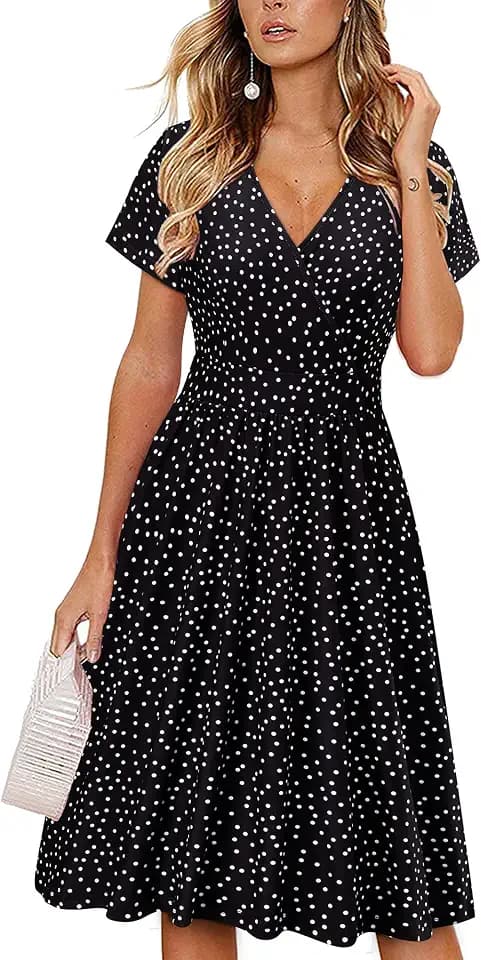 VOTEPRETTY Damen Sommerkleid Kurzarm V-Ausschnitt Wickelkleid Knielang Kleid mit Taschen