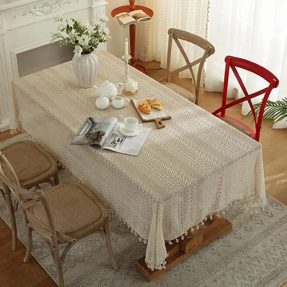 Beige Embroidered Crochet Hole Tablecloth with Tassels, Boho Stripe Geometric Tablecloth for Party Birthday Dinning Table Cloth, Rectangular 59"x120"