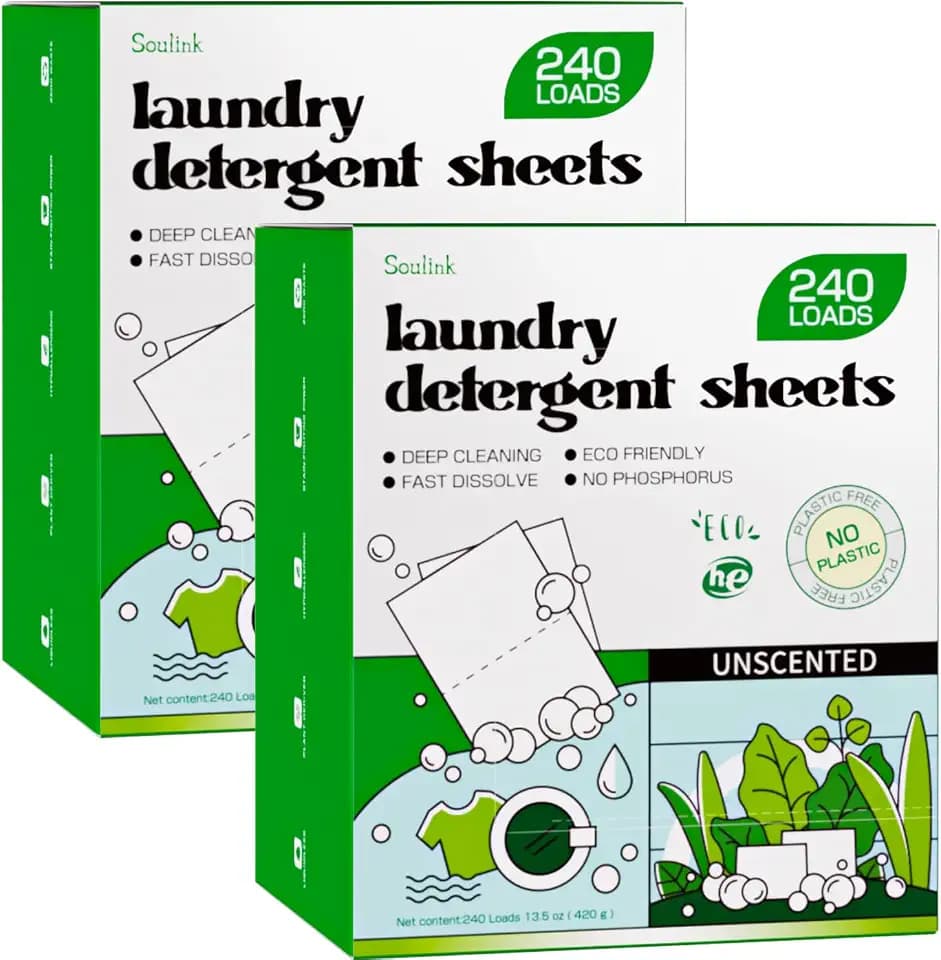 Soulink Laundry Detergent Sheets, Unscented, Up to 480 Loads, 2-Pack