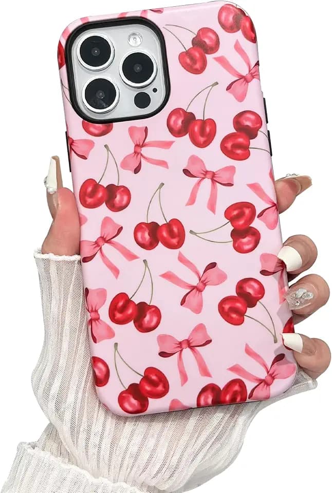 Compatible with iPhone 13 Pro Max Case,Cute Pink Cherry Bow Case with Shockproof Slim Soft TPU and Hard PC Protective Cases for Women Designed for iPhone 13 Pro Max Case (Frosted)
