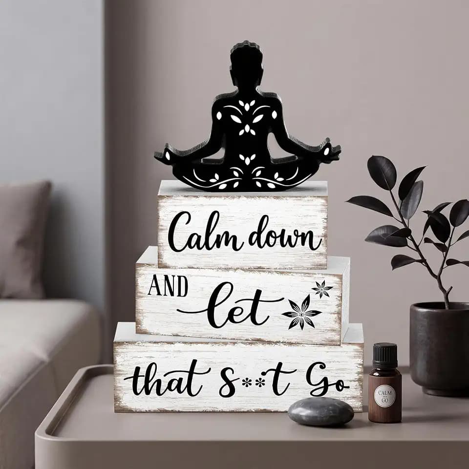 Marsui 4 Pcs Funny Bathroom Shelf Decor Calm Down and Let That Go Wood Sign