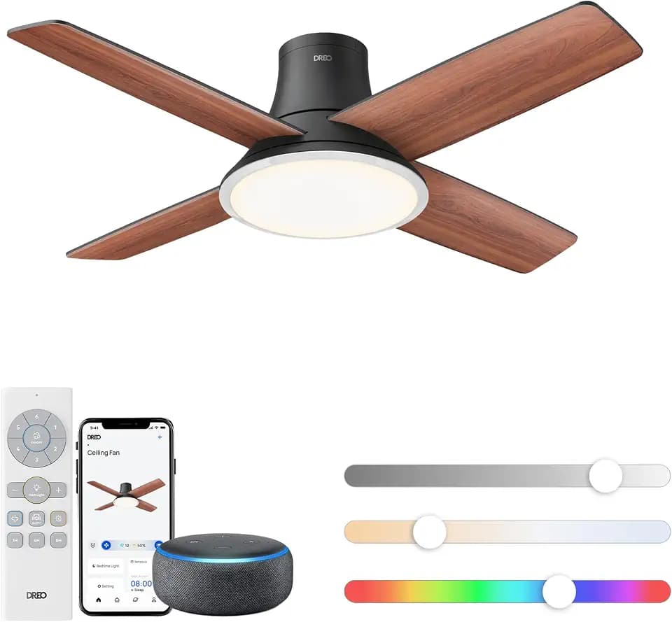 DREO Ceiling Fans with Lights, 44'', RGBIC Flush Mount Smart Ceiling Fan