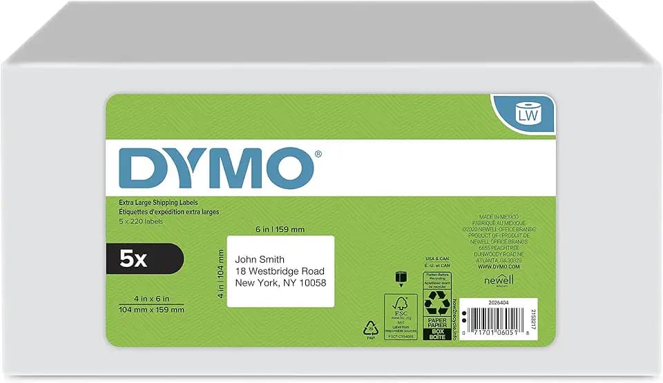 DYMO Authentic LW Extra-Large Shipping Labels for LabelWriter Label Printers, White, 4" x 6", 5 Rolls of 220 (1100 Total)