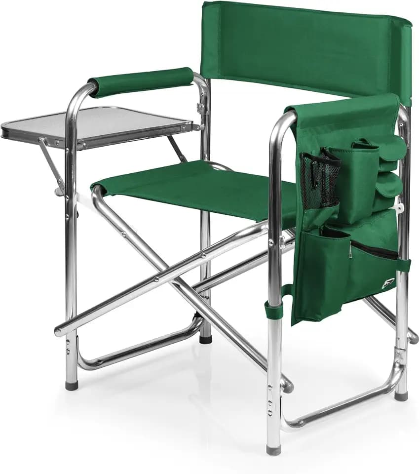 PICNIC TIME Sports Chair with Side Table and Armrest Caddy, Lightweight Aluminum Folding Outdoor Camping Chair for Adults, Portable Director Style Lawn Seating with Pockets & Strap, (Hunter Green)