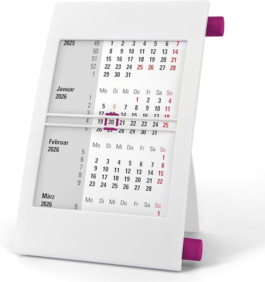 3-Monatskalender Tisch 2026 2027 - Büro & Homeoffice Tischkalender mit Drehmechanik - 2-Jahres-Kalender - weiß/lila - Truento